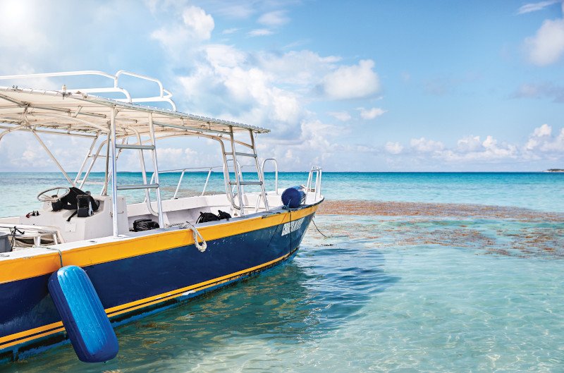 Blue and yellow excursion boat anchored in clear turquoise Caribbean waters under a sunny sky