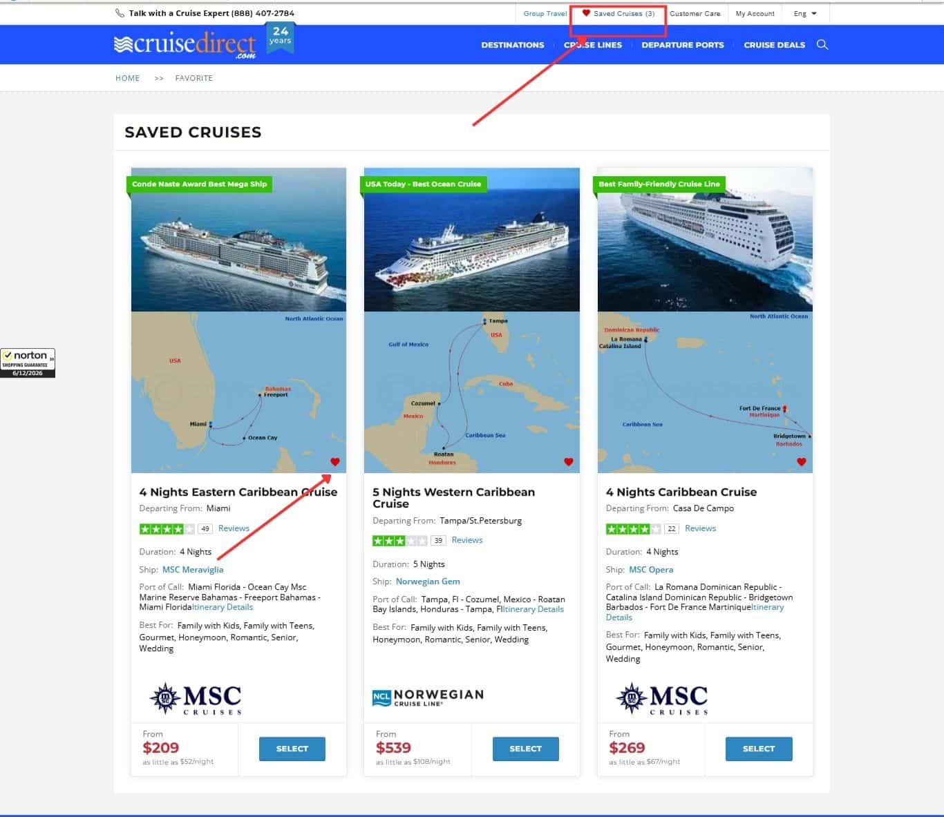 CruiseDirect cruise listing for a 9 Night Eastern Caribbean Cruise on Norwegian Sky departing from Miami, showing departure date November 27, 2023 with pricing from $895 for interior to $3,541 for suite, with the save/favorite heart icon and departure date column highlighted