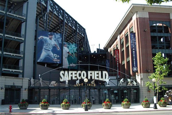 Safeco Field left field entrance with Seattle Mariners signage and player murals in Seattle