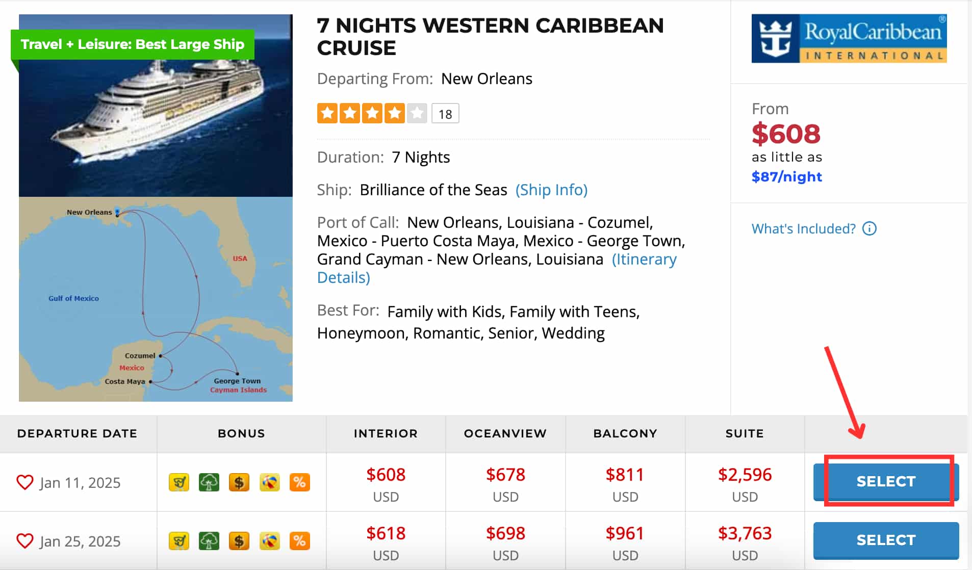 CruiseDirect cruise listing for a 7 Nights Western Caribbean Cruise on Royal Caribbean's Brilliance of the Seas departing New Orleans, showing departure dates January 11 and January 25, 2025 with pricing from $608 USD interior to $2,596 USD suite, with the Select button highlighted for the January 11 departure