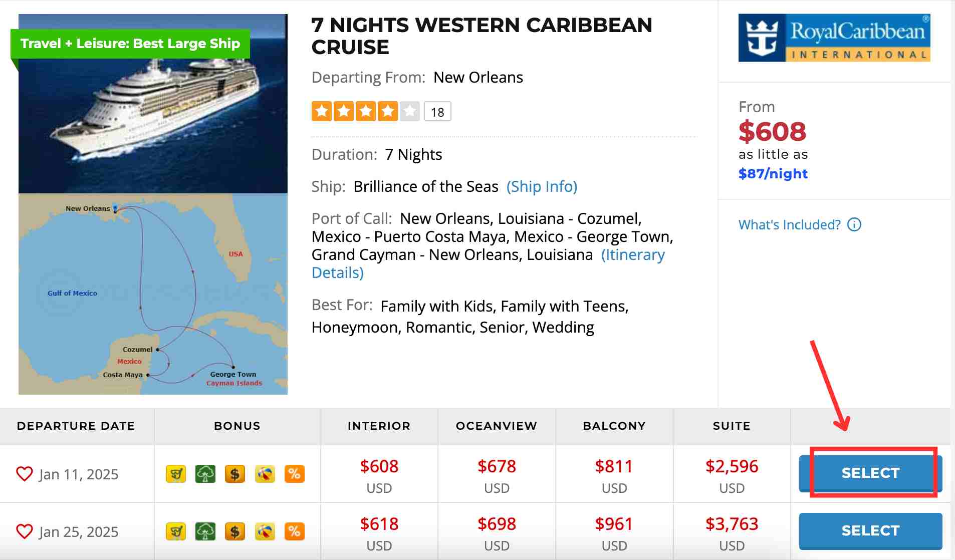 CruiseDirect booking page for a 7-night Royal Caribbean Western Caribbean cruise from New Orleans starting at $608CruiseDirect booking page for a 7-night Royal Caribbean Western Caribbean cruise from New Orleans starting at $608