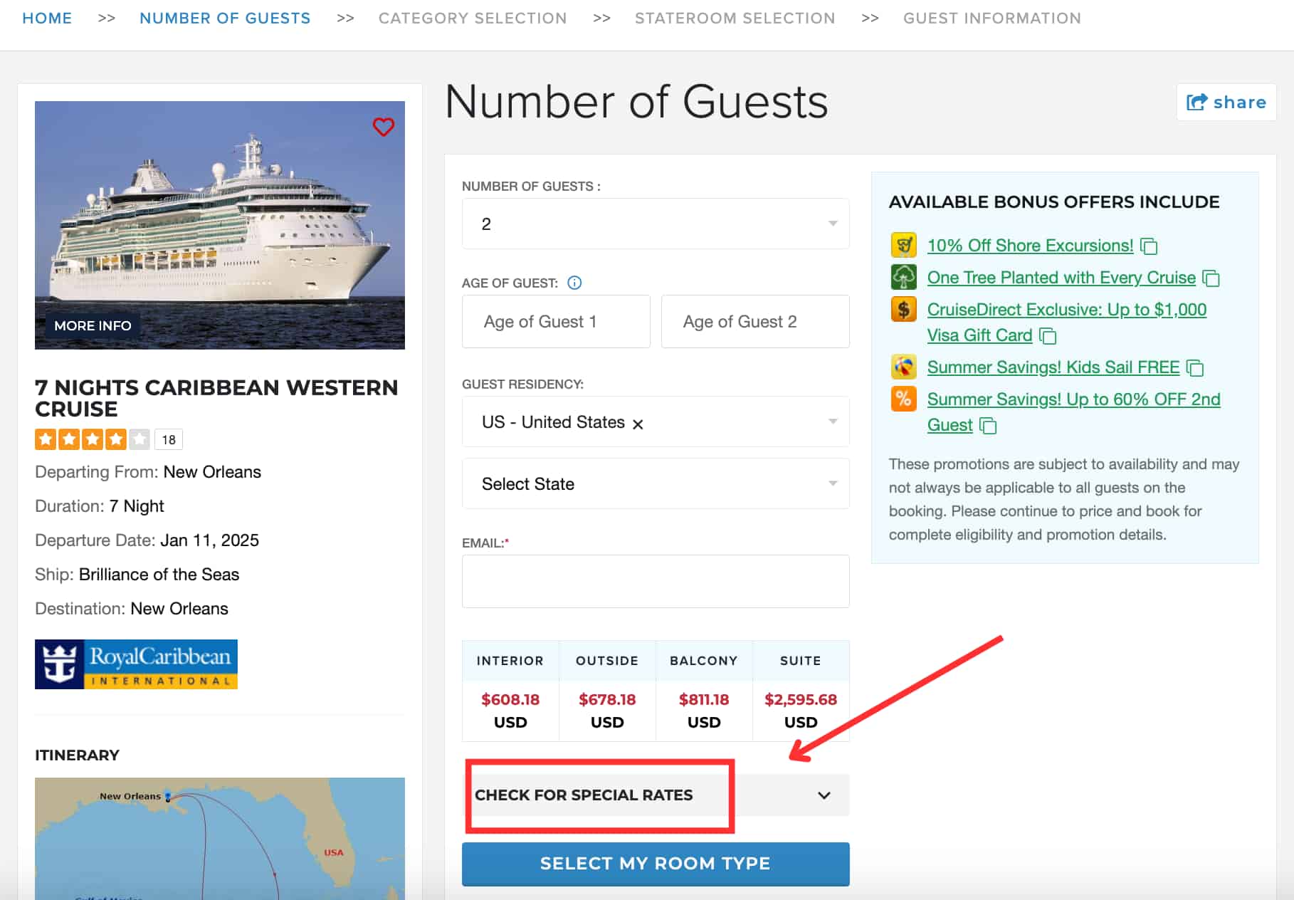 CruiseDirect booking page Number of Guests step for a 7 Nights Caribbean Western Cruise on Brilliance of the Seas, showing guest count, age, residency, and email fields alongside cabin pricing and available bonus offers, with the Check for Special Rates section highlighted