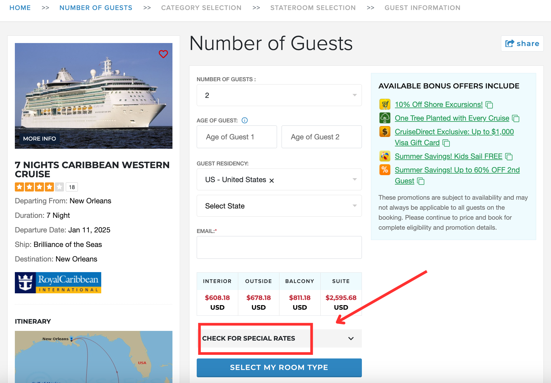 select "check for special rates"